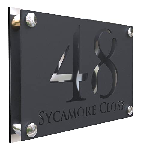 K Smart Sign | Simpatico A4 F32 | Matt Dark Gray Personalised House Signs Door Numbers Street Grey Address Number Plaques | 280mm x 180mm (Matt Dark Gray & Silver Chrome Mirror)