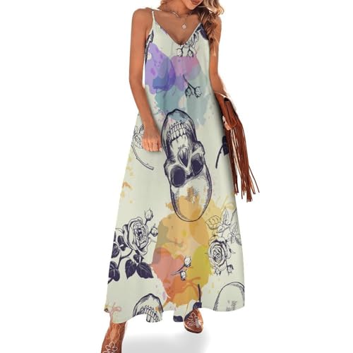 Robe longue femme été sans manches motif crâne aquarelle chic