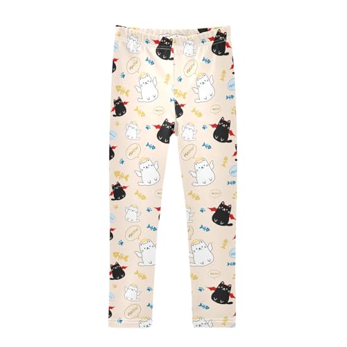 Cute Angle and Evil Cats Yellow Girls Leggings Soft Comfortable Athletic Leggings Dancing Pants for 4-10 Years