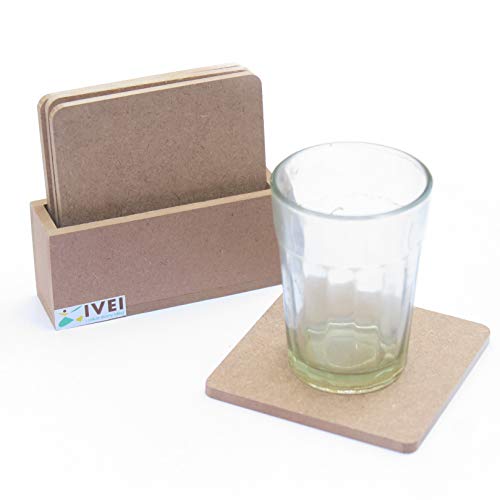 Image of IVEI MDF DIY Coasters with Holder Stand - MDF Plain Wooden Coasters & Holder Blank Cutouts for Painting, Sheet Craft, Decoupage, Resin Art Work & Decoration (Square with Vertical Holder)