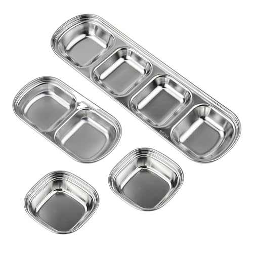 ONEBO 4 Pièces Plats de Soucoupe en Acier Inoxydable,Petits Bols d'Épices,Sauce à Condiments Bol Plats,Pour Sauces, Snacks, Apéritifs, Sushis, Épices(3 Tailles)