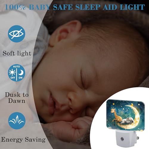 Image of Cute Giraffe and Elephant Sleeping On Moon Night Light for Kids, LED Night Light Plug into Wall with Dusk to Dawn Sensor for Girls Boys Women Men Room, Hallway, Kitchen, Bathroom, Stairs Decor