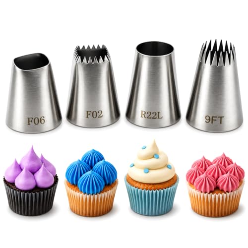 4 Pack Stainless Steel Seamless Piping Icing Tips FO2 FO6 9FT R22L, Large Piping Nozzle, Cake Decorating Tools for Cupcake Baker