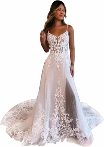 Lace Wedding Dresses for Bride Spaghetti Straps Bridal Gown V Neck Wedding Party Dress with Slit