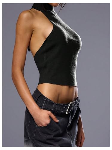 MakeMeChic Women's Sleeveless Mock Neck Sweater Tops Open Back Knit Crop Halter Top2