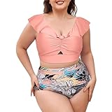 Nidddiv Vestidos de baño para mujer con pantalones cortos, bikinis de talla grande, dos trajes de baño con volantes y cuello en V, traje de baño con parte inferior para adolescentes, rosso, XXL