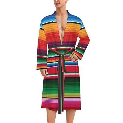 Colorful Mexican Serape Mens Robe Long Sleeve V Neck Bathrobes Sleepwear Robes with Belt