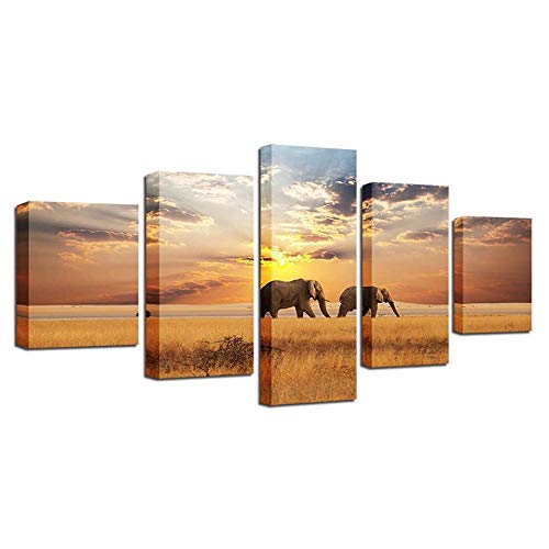 Impression sur toile 2 éléphants 5 pièces pour décoration murale de salon