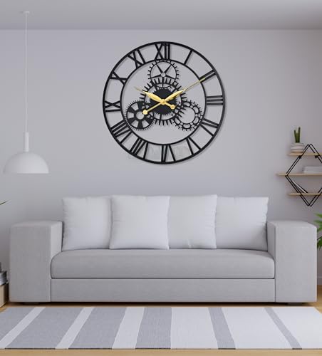 Image of 24 Inch Large Metal Wall Clock with Fixed Gears - Decorative Industrial Vintage Wall Watch Sculpture for Living Room, Bedroom & Office - Modern Silent Quartz Roman Numeral Home Decor