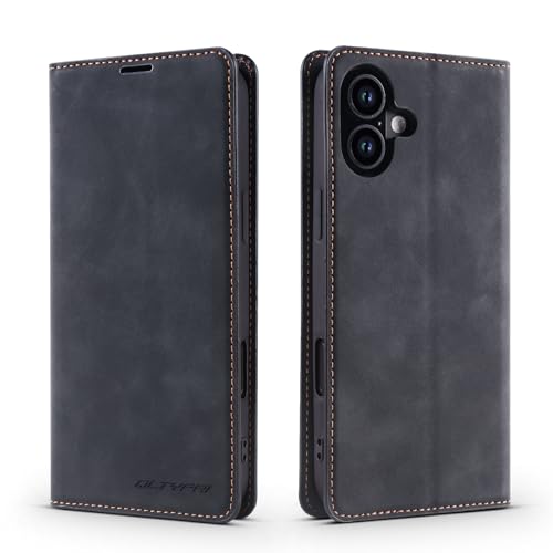 Image of QLTYPRI Case for iPhone 16 Plus 6.7 inch, Premium PU Leather Cover TPU Bumper with Card Holder Kickstand Hidden Magnetic Adsorption Flip Wallet Case Cover for iPhone 16 Plus - Black