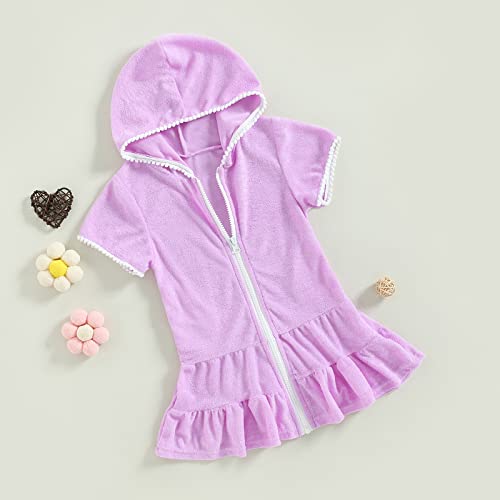 Image of Girls Terry Cloth Swim Cover Up Zip Up Hooded Bathing Suit Coverup Wraps Rufled Kids Pool Beach Robe Cover-Up Dress