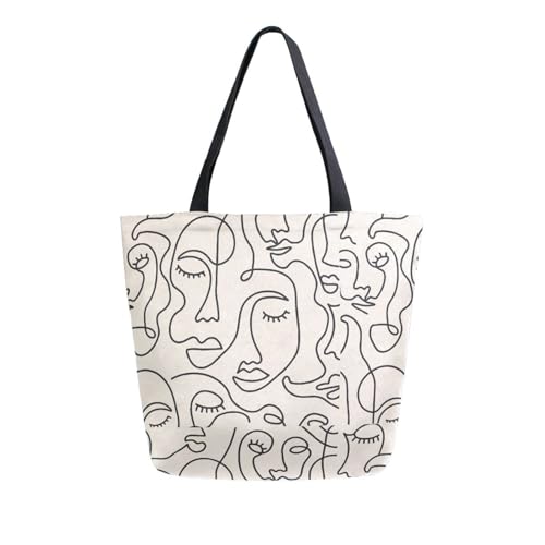 Abstract Faces Minimalist Beige Canvas Tote Bag for Women with Zipper Pocket Reusable Grocery Shopping Bags Large Travel Shoulder Bag Handbag Bags
