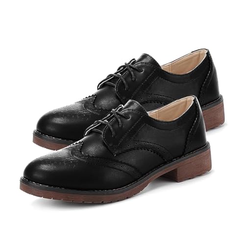 Fashion Women Oxford Shoes Block Heel Lace Up Derby Casual Brogue Shoes Brown Sneaker