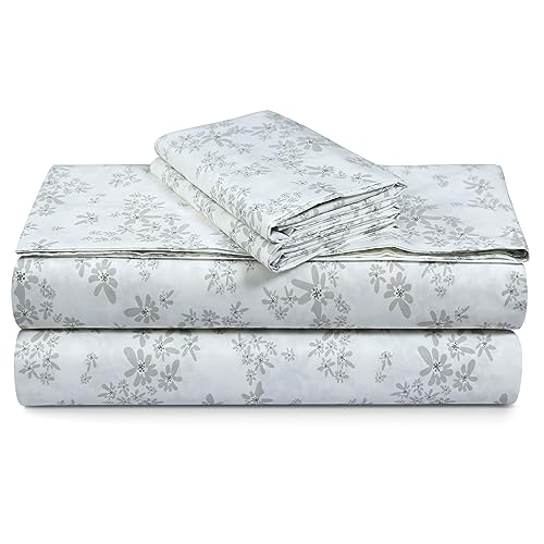 Tribeca Living Cotton Percale Sheets King Size, Extra Deep Pocket Bed Sheet Set, 300 Thread Count, Printed Emma Floral Grey - Image 3