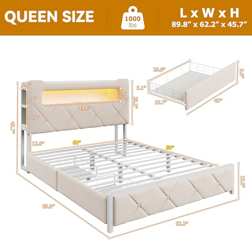 Image of Queen Upholstered LED Bed Frame with 2 Storage Drawers and 2-Tier Storage Headboard,Velvet Princess Platform Bed with Charging Station&Bookcase,Heavy Duty Metal Support,No Box Spring Needed,Beige
