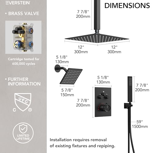 Image of Ceiling Mount 12 inch High-Pressure Rainfall Shower Faucet, Dual Rainfall Shower Head System with Valve (Matte Black)