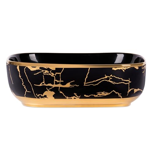 Image of BONKASO Black & Gold Luxury Table Top Wash Basin (45 x 32.5 x 13.5 cm) | Designer Ceramic Countertop Bathroom Sink | Modern Rectangle Vanity Art Basin PB1006
