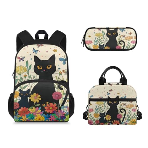 3Pcs Daisy Cat Print Backpacks Sets for Girls, Kids Backpack School Bookbags with Insulated Lunch Box Pencil Case for School Elementary Students