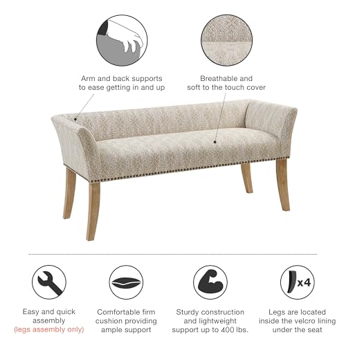 Image of Madison Park Accent Bench for Living Room, Upholstered with Nailhead Trim, & Padded Seat Entryway Bench Small, End of Bed Bench with Back, 49.5 inch W x 19.25 inch D x 23 inch H, Taupe Multi