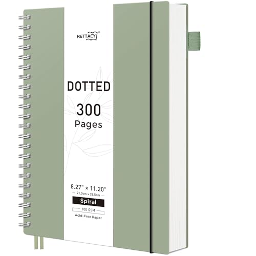 RETTACY Dotted Journal Notebook, 300 Pages, A4 Large Size (8.2'' × 11.2''), 100 GSM Thick Paper, Flexible Plastic Cover, Spiral-bound, for Bullet Journaling, Planning, Tracking (Sage Green)