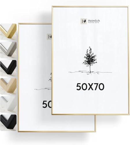 Heimlich® - Bilderrahmen - 50x70 cm, Aluminium Metall, 2 Gold - Große DIY-Collage-Rahmen mit Kunststofffolienabdeckung - Nur zur Wandmontage