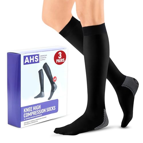 – Knee High Compression Socks – 15–20 mmHg, Black, X-Large – Lightweight Medical Stockings – Pack of 3 Pairs