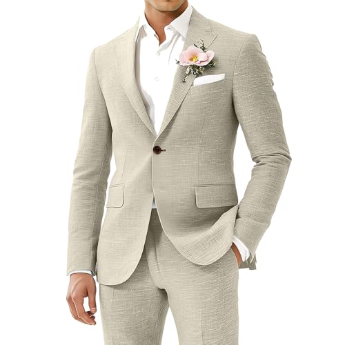 Men's 2 Pieces Linen Suits Casual Lightweight Summer Beach Groom Wedding Suit Linen Blazer Pants Set