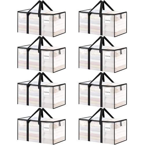 8 Pack Extra Large Heavy Duty Moving Bags, Clear Storage Bins with Lids, Reinforced Handles & Heavy-Duty Zippers Moving Boxes Storage Bags Totes for Clothes Packing, Dorms, College Supplies, Clear