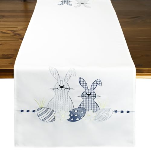 Tischläufer mit Osterhasen und Eiern, Motiv, Stickerei zu Ostern, Weiß, Modern, 40x140 cm