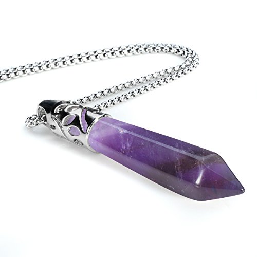 Beadnova Healing Crystal Necklace For Women Men Natural Amethyst Quartz Crystal Pendant Energy Healing Gemstones Jewelry Pendulum Crystal Divination (Hexagonal,18 Inches Stainless Steel Chain) #TOP2
