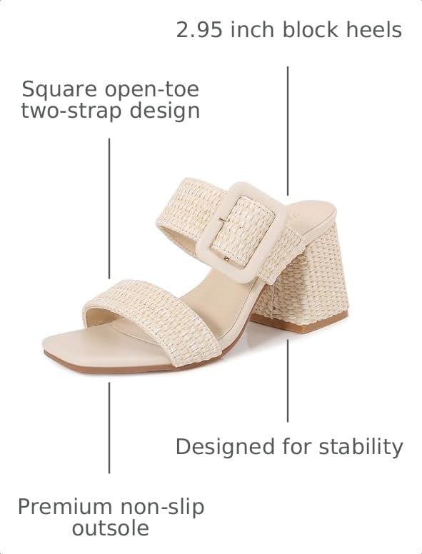 Image of Women's Raffia Slide Sandals Square Open Toe Heeled Sandals Two Strap Mules Slip On Block Chunky Heels Sandals for Women