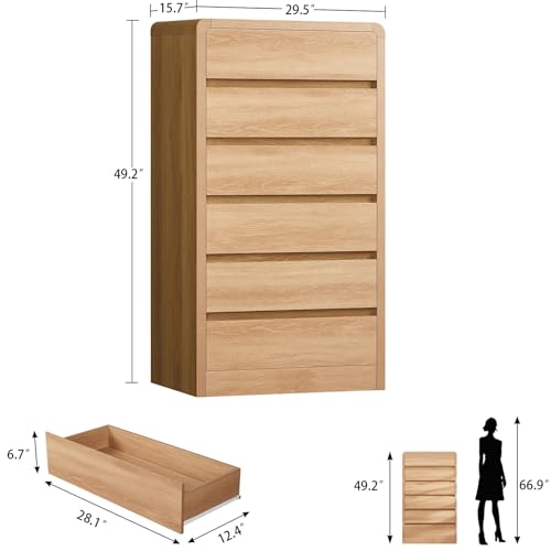 Image of TEENFON Tall Dresser for Bedroom with 6 Drawers, 49.2 inch Tall Dressers & Chest of Drawers with Curved Profile Design, Wood Closet Storage Dressers Organizer for Bedroom, Living Room, Natural