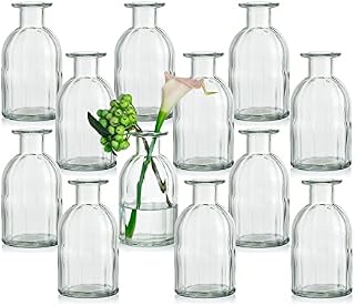 Glasseam Small Glass Bud Vase, Set of 6 Green Narrow Neck Apothecary Bottle 14cm Mini Ribbed Short Vintage Round Vases for Pampas Grass Flowers Wedding Centrepieces Living Room Table Decoration