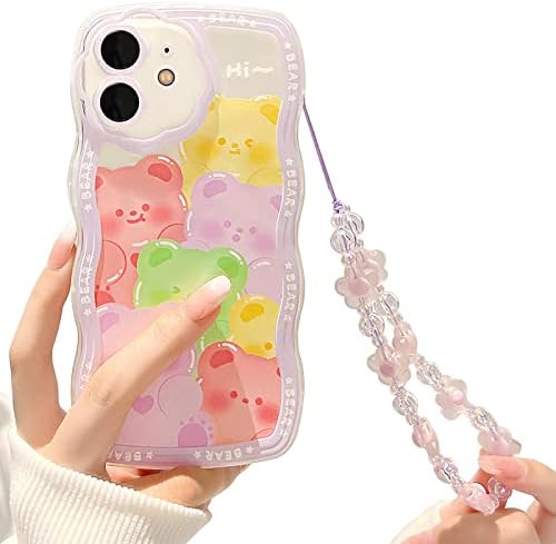 NITITOP Compatible for iPhone 11 Case Cute Animal with Flower Beaded Lanyard Wrist Strap Clear Cartoon Bear for Women Girls, Soft TPU Full Protective - Purple Bear
