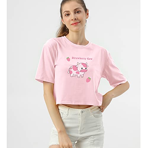 Image of KEEVICI Girls' Cute Strawberry Cow Print T Shirts Short Sleeve Crop Cotton Tops