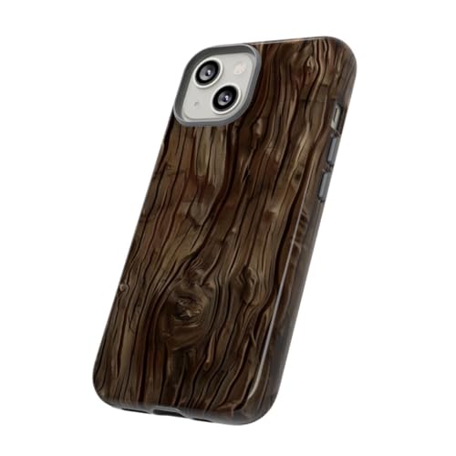 Coque rigide iPhone 14 texture bois marron foncé finition brillante