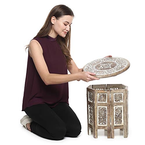 Savon Small Rustic Wood Table Round White Side End Carved Indian Coffee Accent #TOP6