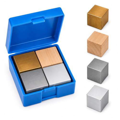 Image of Baluue STEM Density Cube Set 4-Pack 20mm Brass, Iron, Aluminum & Wood Blocks for Archimedes Principle & Specific Gravity Labs School & Classroom Science Kit
