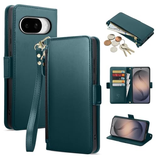 COBEAR for Google Pixel 9A Case Wallet, Pu Leather Flip Phone Case with Wrist Strap, Zipper Pocket, Kickstand, Women Men Phone Wallet Case with Card Holder for Pixel 9A,Green