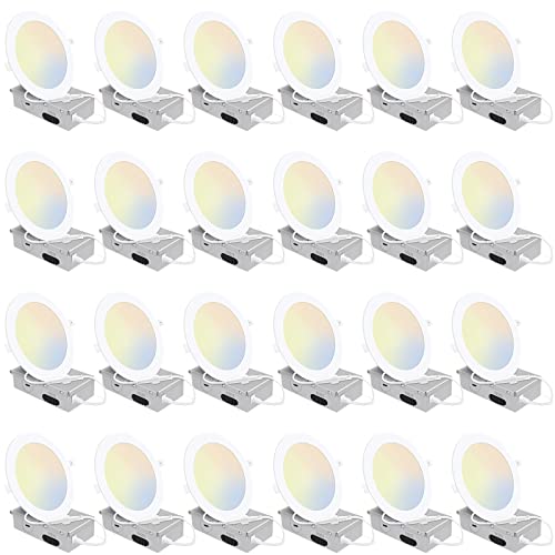 24 Pack 5CCT Ultra-Thin LED Recessed Lighting 6 Inch, Downlight with Junction Box, 2700K/3000K/4000K/5000K/6500K Selectable, 12W 110W Eqv, Dimmable Wafer Lights, 1050LM Canless LED Recessed Light, ETL