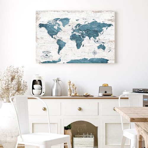 Image of IPIC - Antique Blue World Travel Map, Pin Board Canvas Wall Art, Travel Map with Pins Included, Ready to Hang for Home or Office, 24x16 Inch