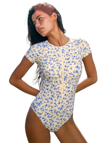 Image of CUPSHE One Piece Swimsuit for Women Mock Neck Zipper Short Sleeve Bathing Suit