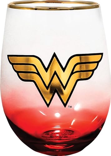 Spoontiques DC Comics Stemless Wine Glass 20oz - Lidless Drink Tumbler for Cold Beverages - Wonder Woman