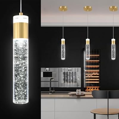 Gold Pendant Light Crystal Pendant Light Fixtures for Kitchen Island Lighting 3000k-6000k LED Modern Adjustable Chandelier Hanging Bubble Pendant Lighting (1Pack)