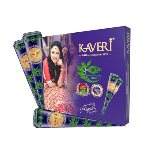 Kaveri Natural Henna Bridal Mehandi Cone for Hands & Hair Herbal Rajasthani Henna Paste in Natural Dark Brown Color With Nilgiri Oil for Dulhan Wedding Occasion Instant Mehendi Cone - 30 gm each - Pack of 12