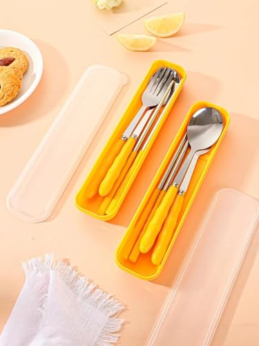 Image of Favria 3 Piece Stainless Steel Spoon,Fork and Chopstick Portable Travel Spoon Box Anti Slip Cutlery Set for Office Lunch Box,Travel, School,Picnics,Camping and Outdoor Home Utensil Set (Yellow)