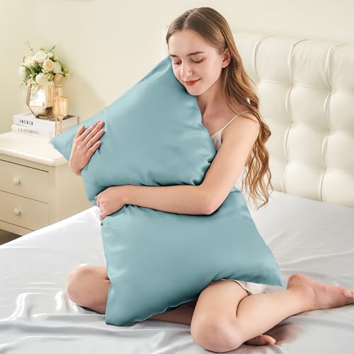 Image of INFIIXSO Silk Pillow Cases 2 Pack Standard Size, Ultra Smooth & Soft Mulberry Silk Pillow Case for Hair and Skin, Breathable Cooling Silk Pillowcase with Hidden Zipper (Haze Blue, 20x26 Inches)