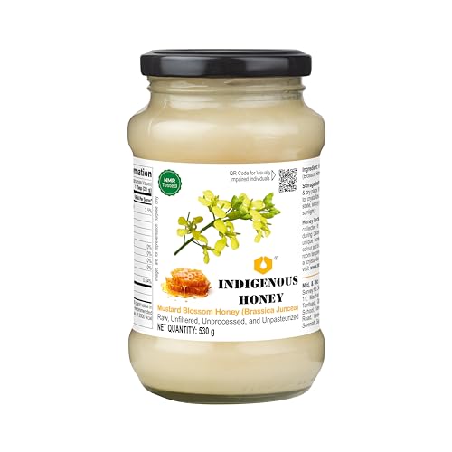 Image of INDIGENOUS HONEY Crystallized Mustard Sarso Honey Raw Natural Pure Unprocessed NMR Tested Unpasteurized Unheated 530g Glass Jar Pack of 1