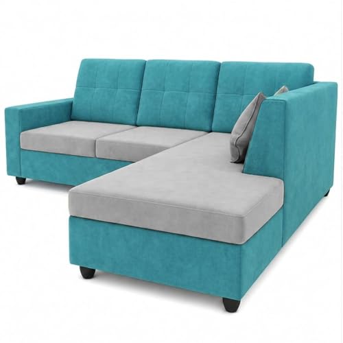 Image of FURNY Nathan 4 Seater L Shape Sofa Set RHS (Sky Blue-Light Grey) | Suede Velvet Finish | Durable Comfort Sofa for Modern Living Room & Office Spaces