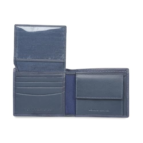 Image of Tommy Hilfiger Men's Leather Wallet Eupen | Solid Navy Multicard Bi-Fold with 6 Card Slots, Side-Closure Coin Pocket | Stylish Purse for Gents